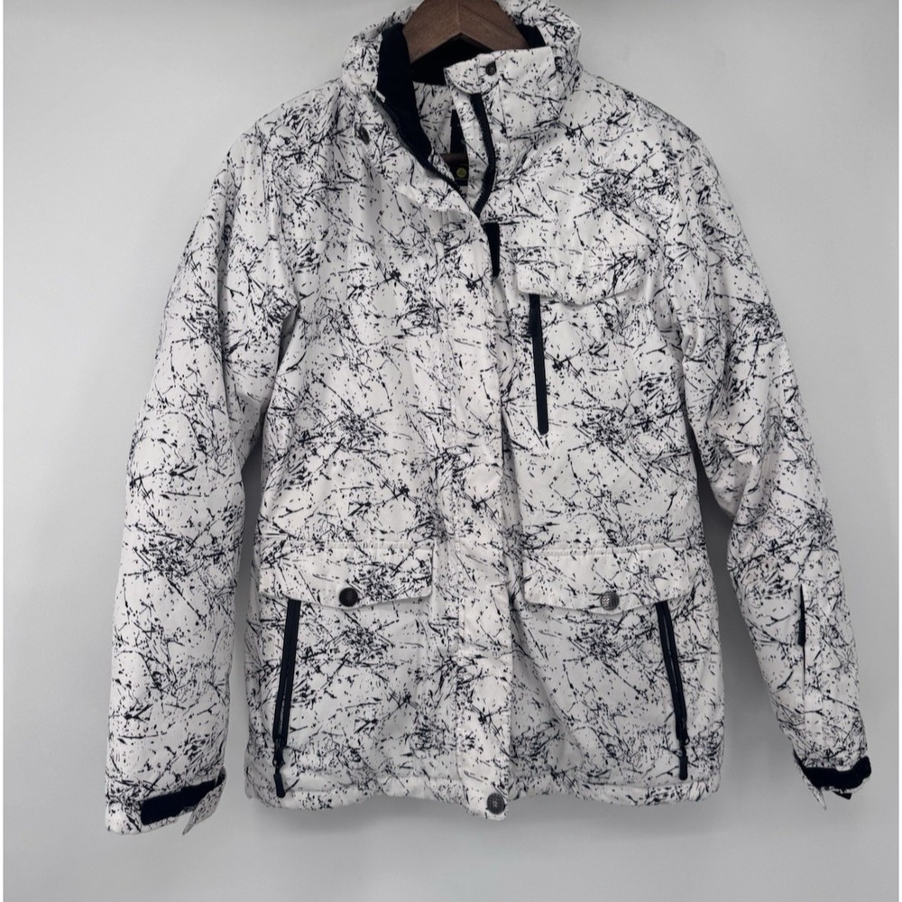 Arctic Queen Women's S White Black Splatter Ski Snowboard Jacket Hooded gorpcore